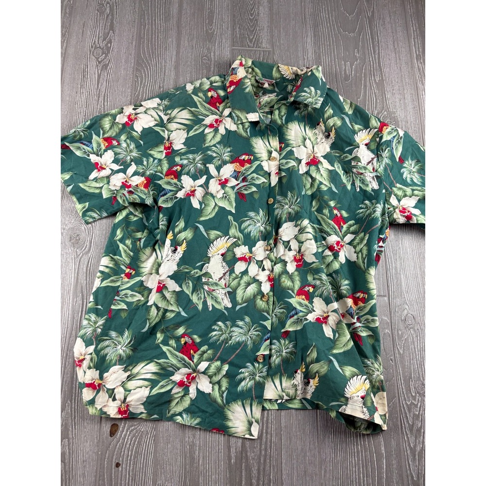 Evergreen Island Mens 2XL Hawaiian Aloha Shirt Green Hibiscus Parrot Floral